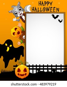 Halloween sign with black ghost and kid pumpkin mask and cat grey while waving hand.Vector illustration