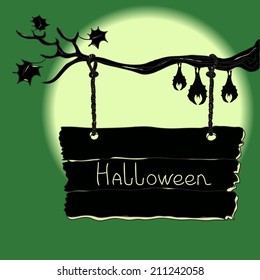 Halloween sign board hanging tree branch and sleeping bats  Hand drawn vector illustration 