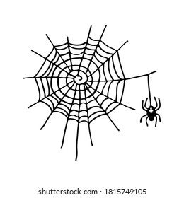 Halloween sign. Cobweb and spider with cross. Black-and-white illustration. Use for printing, posters, T-shirts, textile drawing, print pattern