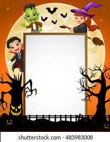 Halloween sign with dracula and frankenstein and witch riding broomstick and scary tree.Vector illustration