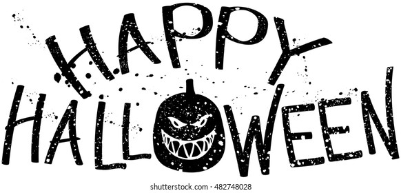 Halloween sign with drops texture and orange background, scary pumpkin faces