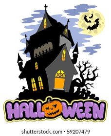 Halloween sign with haunted mansion - vector illustration.