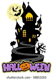 Halloween sign with house on hill - vector illustration.