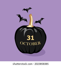 Halloween sign. Illustration of black pumpkins and bats on a violet background. Vector