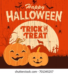 Halloween sign, Illustration of happy pumpkins on a wooden board, Vector