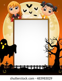 Halloween sign with little dracula,kid and black ghost.Vector illustration