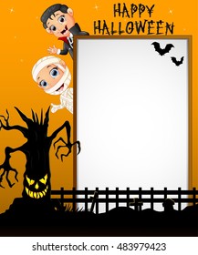 Halloween sign with little mummy and little boy dracula while waving hand and scary tree.Vector illustration