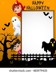 Halloween sign with little white ghost and little girl evil and girl and black ghost.Vector illustration