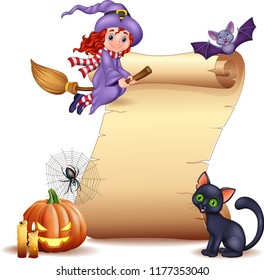 Halloween sign with little witch, bat, spider web, candles, pumpkin and black cat