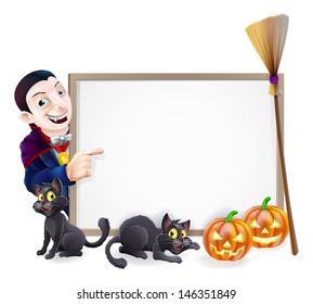 Halloween sign with orange Halloween pumpkins and black witch's cats, witch's broom stick and cartoon Dracula Vampire Character