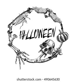 Halloween sign and poster. Halloween decoration in twig frame. Hand drawing witchcraft attributes, monkey skull, demon, evil, monster skeleton hand, pumpkin, beetle, bug, bat. Magic background. 