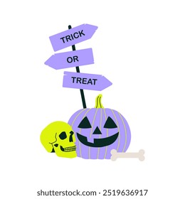 Signo de Halloween con una calabaza, cráneo y hueso en la base. Ilustración vectorial plana que representa decoraciones de Halloween, truco o trato, y celebraciones de vacaciones espeluznantes.