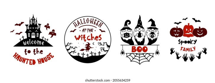 Halloween sign with quotes. Set of fall holiday symbols with saying. Halloween designs for emblem, badges and cards.