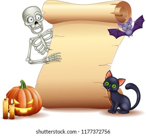 Halloween sign with skeleton, bat, pumpkin and black cat
