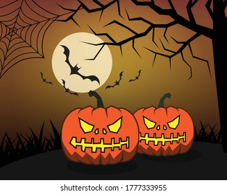 Halloween sign symbol day with pumpkin front full moon in the night with silhouette tree and spider, vector illustration