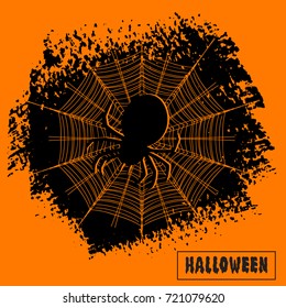 Halloween sign text over brush paint abstract background and spider web vector illustration. Halloween poster, invitation or banner.