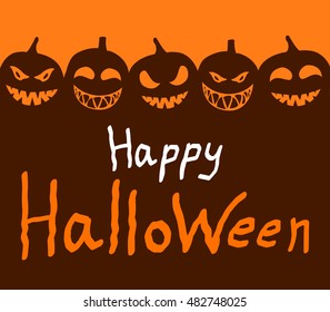 Halloween sign with texture and orange background, scary pumpkin faces
