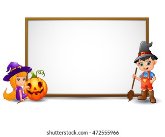 Halloween sign with witch, boy, and pumpkin