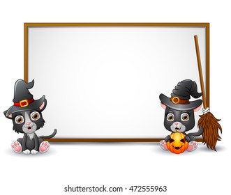 Halloween sign with witch hat, cat, and pumpkin