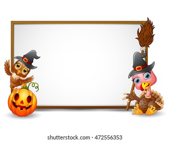 Halloween sign with witch hat, owl, turkey, and pumpkin