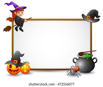 Halloween sign with witch, spider, and pumpkin