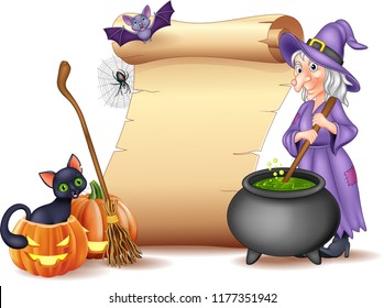 Halloween sign with witch stirring magic potion