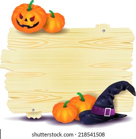 Halloween signboard with pumpkins and witch's hat. Vector eps 10