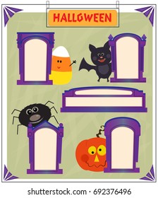 Halloween Signs - Five Halloween signs in a shape of a tombstones with cute Halloween characters next to them. Eps10