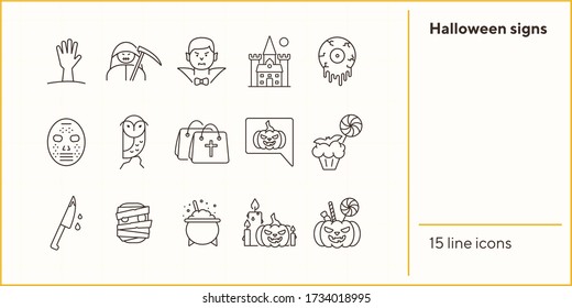 Halloween signs line icons. Bags with cross, vampire, pumpkin. Halloween concept. Vector illustration can be used for topics like holiday, festivals, celebration