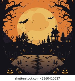 Halloween silhouette background with dark color, blank space for text, cute style cartoon halloween.