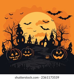Halloween silhouette background with dark color, blank space for text, cute style cartoon halloween.