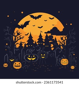 Halloween silhouette background with dark color, blank space for text, cute style cartoon halloween.