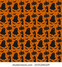 Diseño de fondo de silueta de Halloween con linternas de calabaza, fantasmas, gatos negros, murciélagos, dulces y estrellas.  Adecuado para envolver papel, pañuelos, papel de hornear, etc.