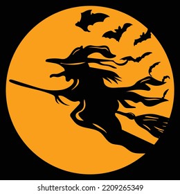 Halloween Silhouette Background Flying Witch And Bat Vector