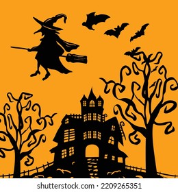 Halloween Silhouette Background Flying Witch And Bat Vector
