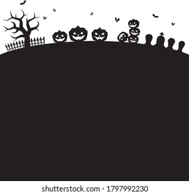 Halloween silhouette background with pumpkins, graves, trees, fences,and bats