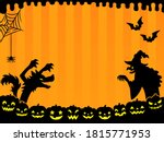 Halloween silhouette background (scary wolf, witch, pumpkins, spider web)