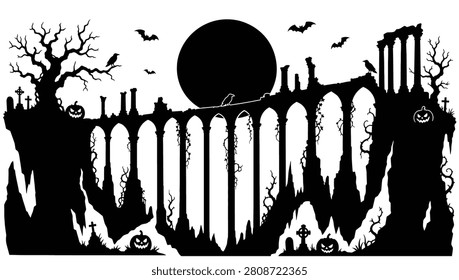 Halloween silhouette background with spooky bridge, full moon, bats, dead trees, tombstones and jackolanterns