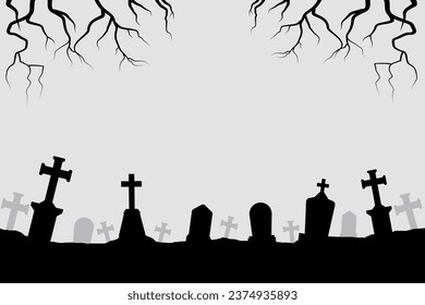 Halloween silhouette background with trees, tombstones, Cemetery in forest.
