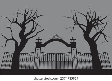Halloween silhouette background with trees, tombstones, Cemetery in forest.
