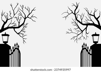 Halloween silhouette background with trees, tombstones, Cemetery in forest.
