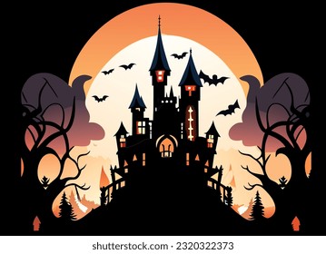 Halloween Silhouette Background vector, black castle on Halloween night, 