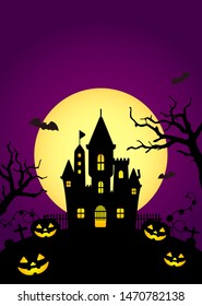 Halloween silhouette background vector illustration. Poster (flyer) template design (text space) / purple