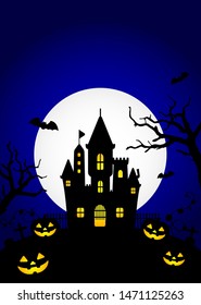 Halloween silhouette background vector illustration. Poster (flyer) template design (text space) / blue