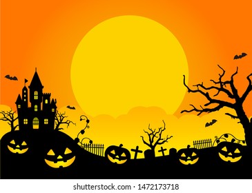 Halloween silhouette background vector illustration. Poster (flyer) template design (text space) / orange