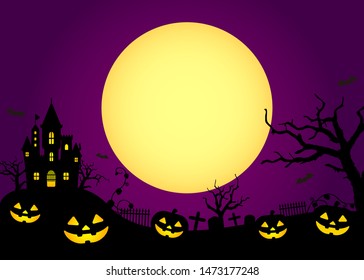 Halloween silhouette background vector illustration. Poster (flyer) template design (text space) / purple