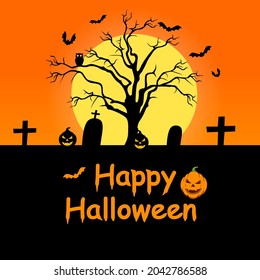 Halloween silhouette background vector illustration with full moon, pumpkins, trees and bats