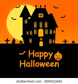 Halloween silhouette background vector illustration with full moon, pumpkin, spooky castle, graveyard and bats