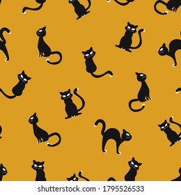 Halloween silhouette of black cats seamless pattern on yellow background. Funny cats sitting, from the back, on end, sideways. Halloween background template. Vector illustration of Halloween theme des
