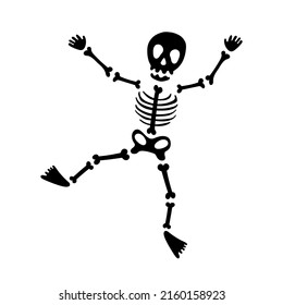Halloween silhouette black skeleton character. Funny dancing skeleton made of bones, isolated on white background. Vector illustration, magic Halloween decorative element. Dead man character, zombie